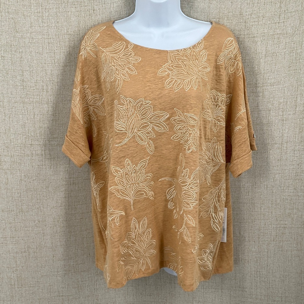 Chico's Top Women 3 XL Tan Linen Floral Embroidered Short Sleeve Coastal Boho